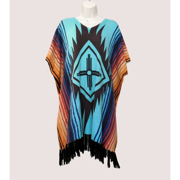 Crazy Train Poncho Womens Regular Colorful Knit Fringe Southwestern Sweater - Picture 1 of 8